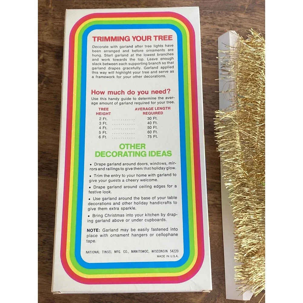 Vintage Christmas Garland Gold 30+ Feet 2” Box New Old Stock NEAT BOX Holiday